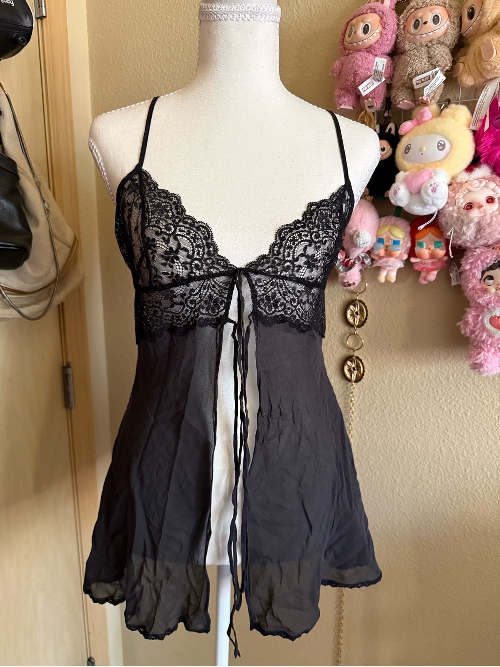 Victoria's Secret Black Lace Tie-Front Sheer Chemise